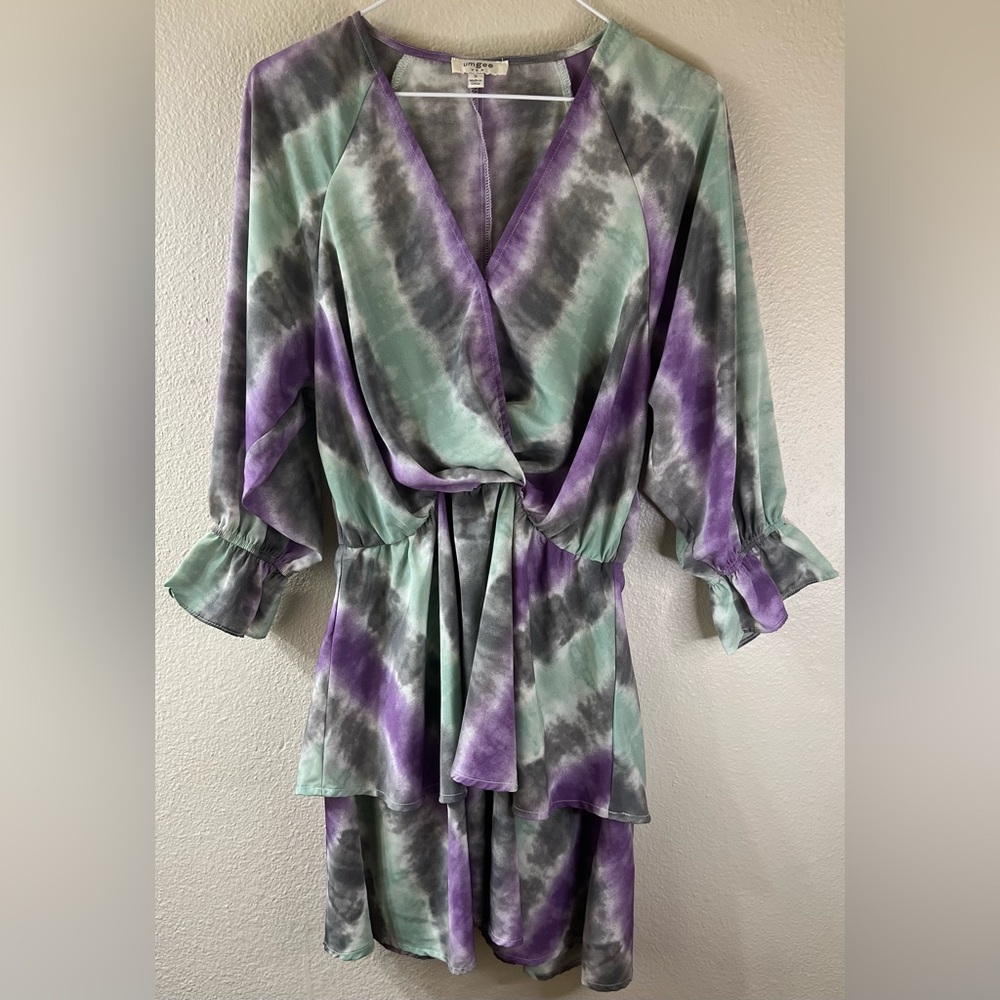 Umgee Green and Purple Tie-dye layered skirt dress with balloon sleeve size S